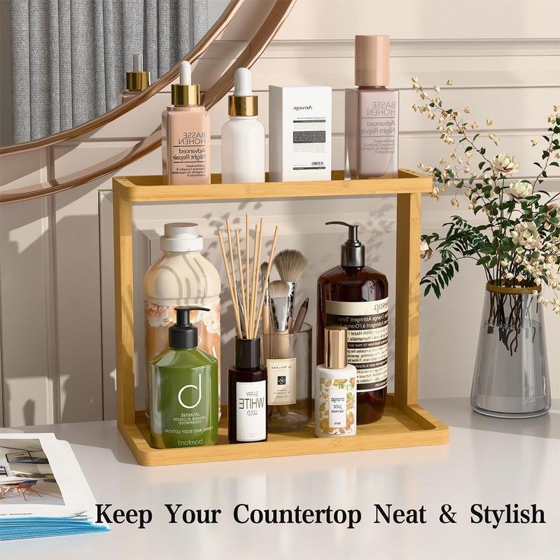 PEKER Bamboo Bathroom Organizer Countertop – Small Vanity Storage Shelf for Makeup, Perfume, Skincare – Natural Cosmetics Display Rack for Dresser, Sink, Kitchen – Natural - Image 3